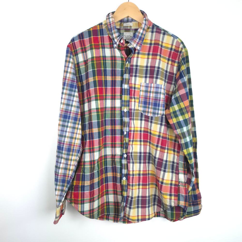 Indian Madras Shirt in Patchwork Plaid Long Sleeve Button Down Shirt Large Men's